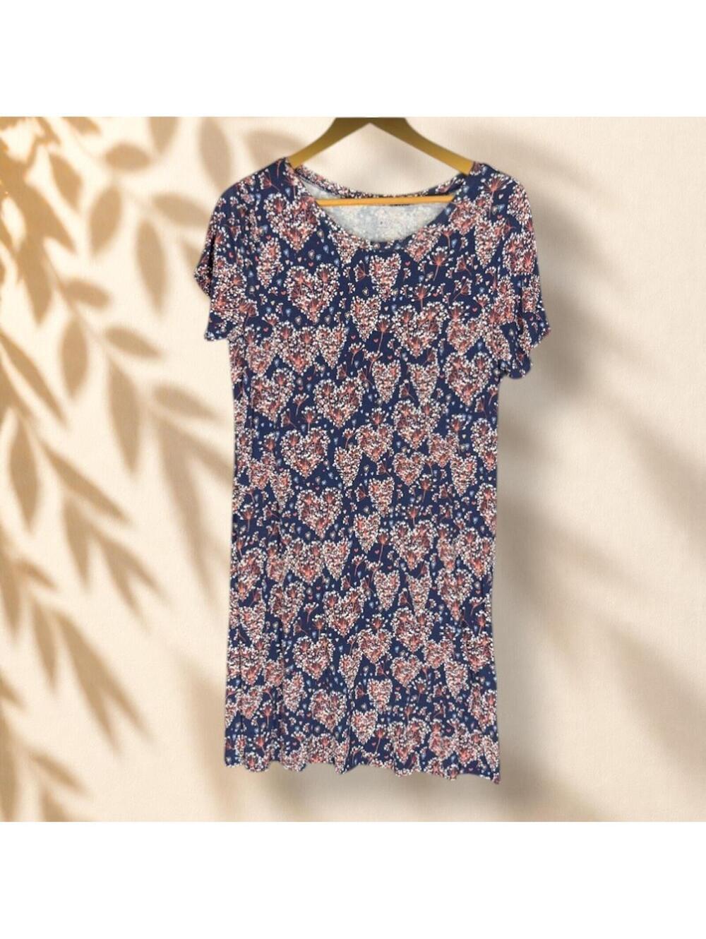 St. John's Bay Dress Women L Large Blue Floral Shift Midi Short Sleeve Rayon